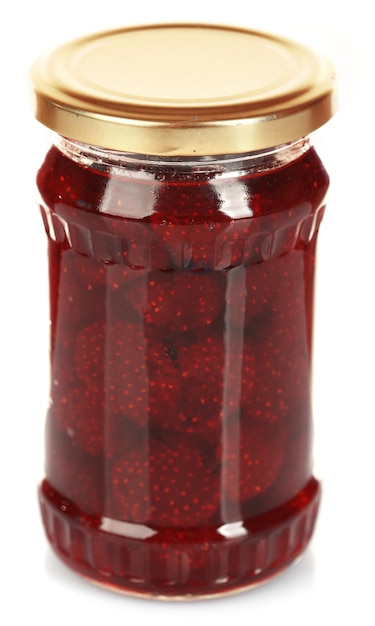 Photo jar of strawberry jam isolated on white