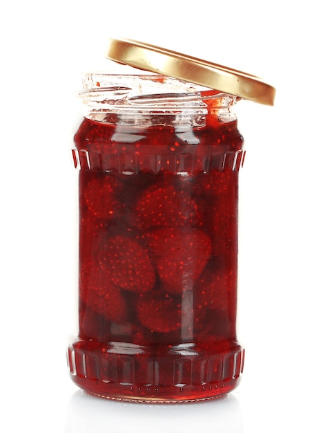 Jar of strawberry jam isolated on white