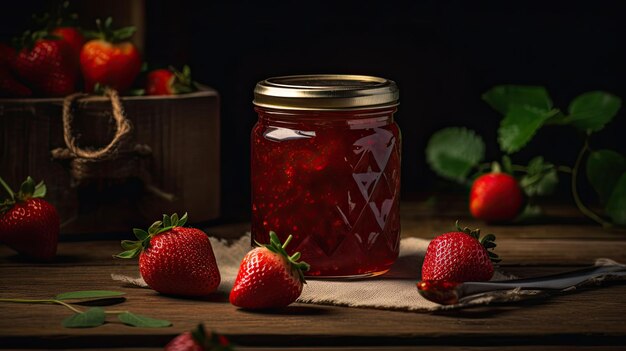 A jar of strawberry jam sits on a table with a wooden box in the background.