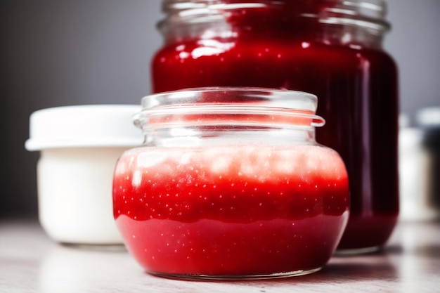 A jar of strawberry jam sits next to a white bowl.