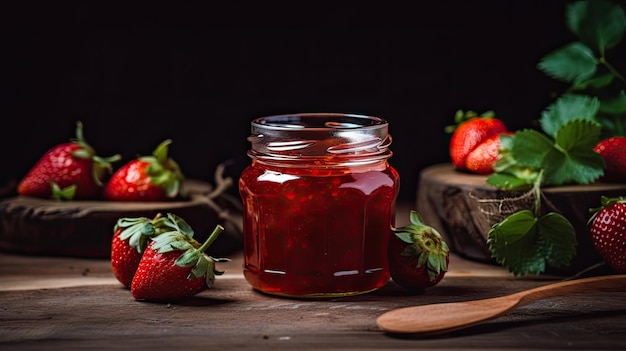 A jar of strawberry jam sits on a wooden table.