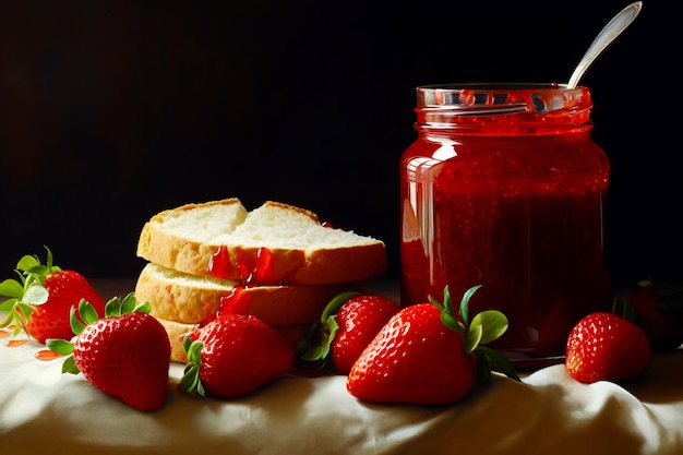 Jar of strawberry jam next to sliced bread and strawberries on table Generative AI