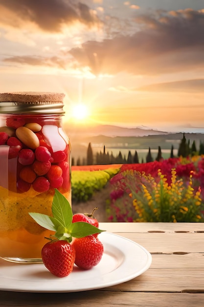 A jar of strawberry jam with a plate of strawberries on the table