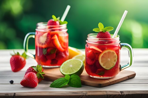 A jar of strawberry jam with a strawberries in it