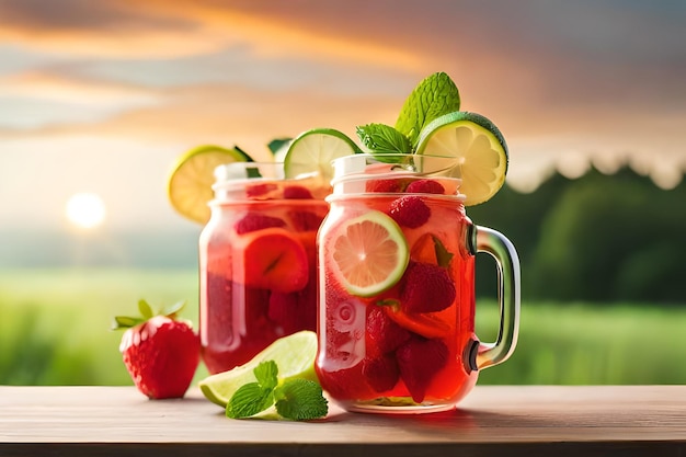 A jar of strawberry jam with a sunset in the background