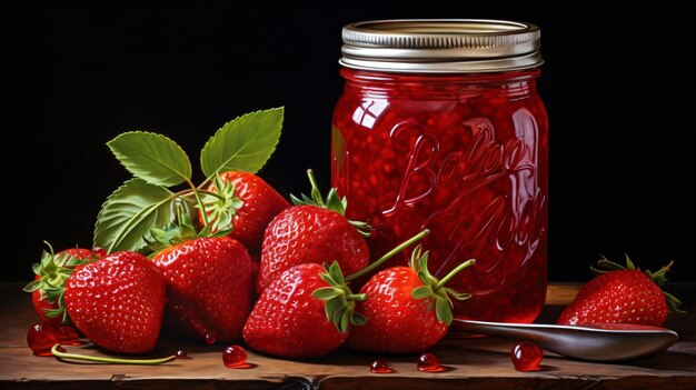 Jar of strawberry jam with two strawberries