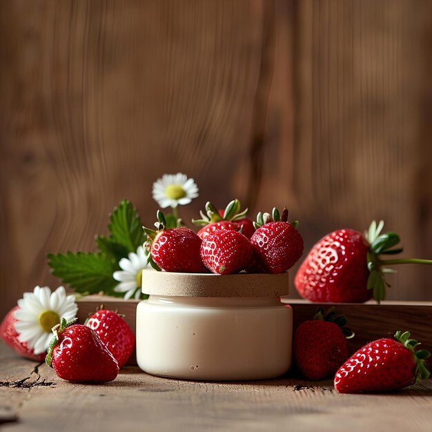 A jar of strawberry yogurt on a wood table