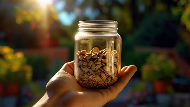 A jar of sunflower seeds is held in someone's hand.