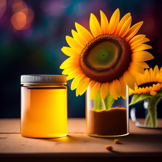 A jar of sunflowers is next to a jar of sand.