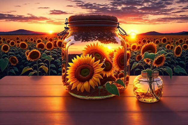 a jar of sunflowers is sitting on a table with a sunset in the background