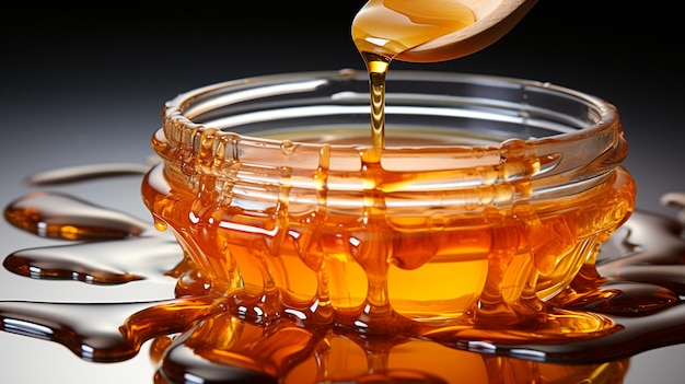 jar of sweet honey with dipper on white background