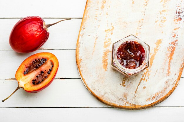 Jar of tamarillo jam.