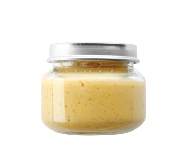 Jar of tasty baby food isolated on white