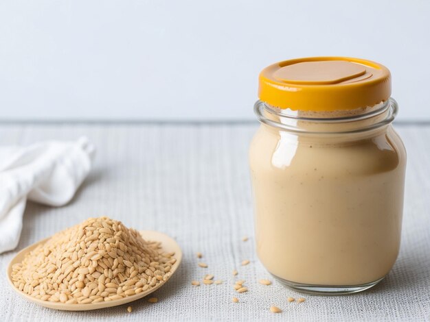 Foto vasetto di gustoso tahini su sfondo chiaro