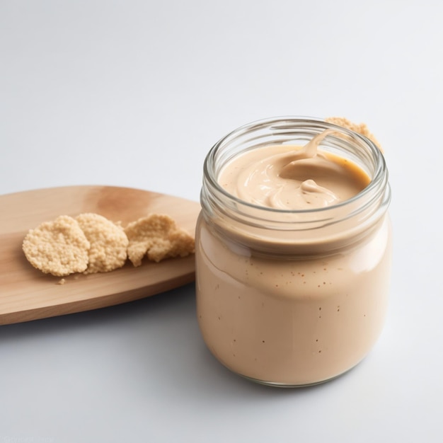 Jar of tasty tahini on light background