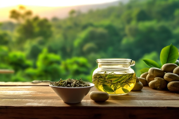 A jar of tea sits on a table with a green background and a mountain in the background