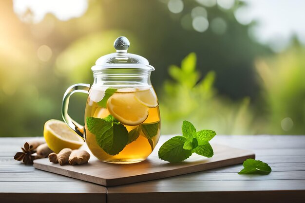 A jar of tea with mint leaves and lemons on a table