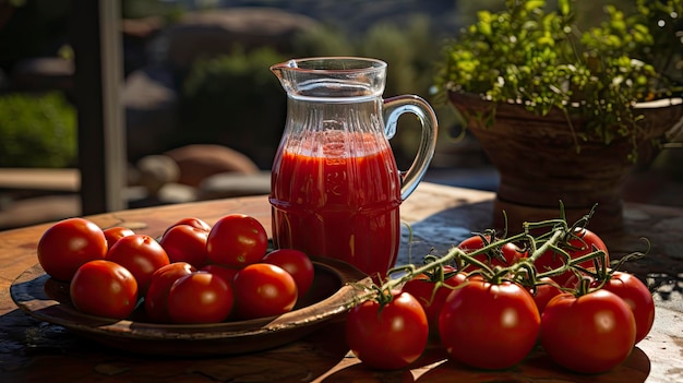 a jar of tomato juice next to a bowl of tomatoes.