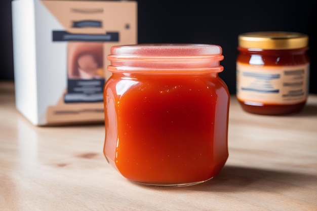 A jar of tomato sauce next to a box of honey