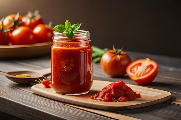 A jar of tomato sauce sits on a wooden cutting board next to a jar of tomato sauce.