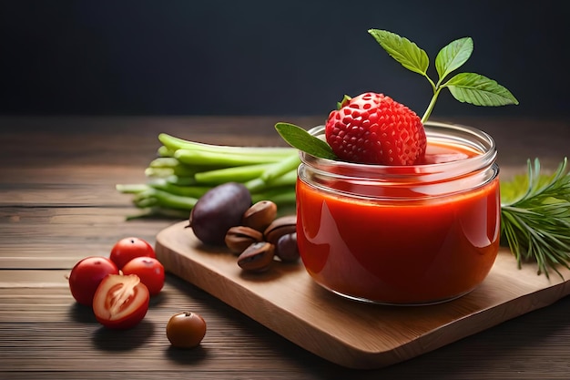 A jar of tomato sauce with a strawberry on top.