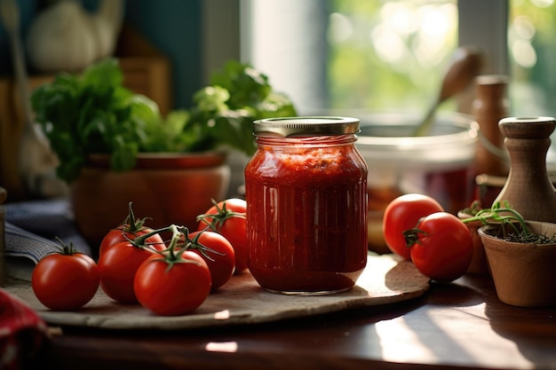 A jar of tomato sauce with tomatoes on a wooden table.