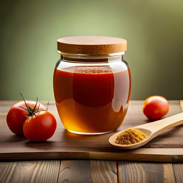 A jar of tomato sauce with a wooden spoon next to it.