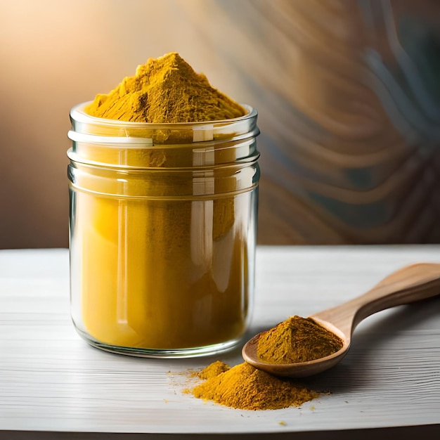 A jar of turmeric sits on a table next to a spoon.