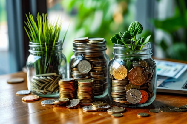 Jar van munten en plant zitten op tafel naast een andere pot gevuld met munten