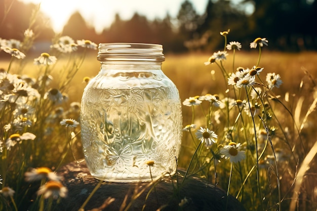 A jar of water sits on a rock in a field of daisies.