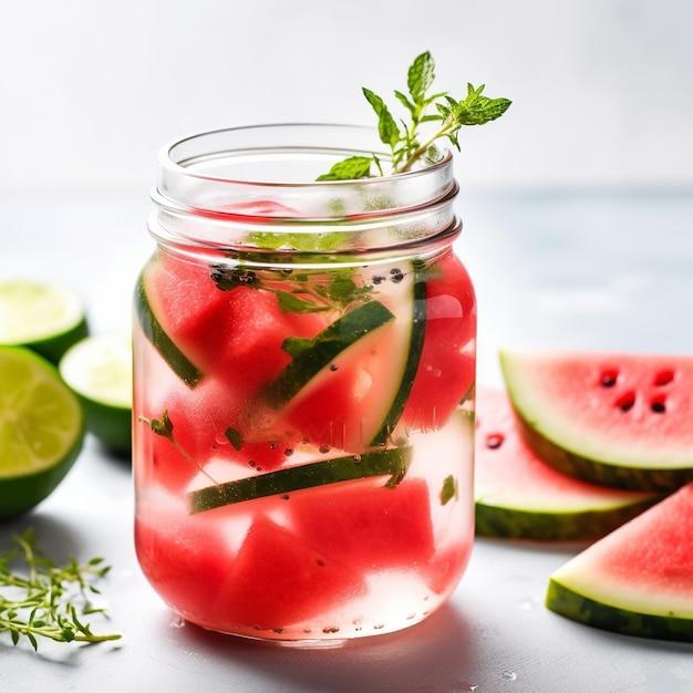 A jar of water with slices of watermelon on it