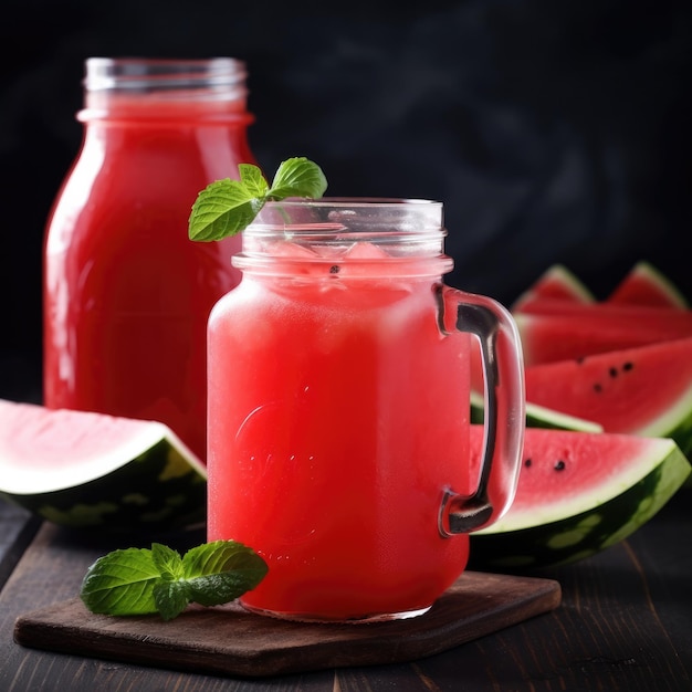 A jar of watermelon juice with a mint leaf on the top.