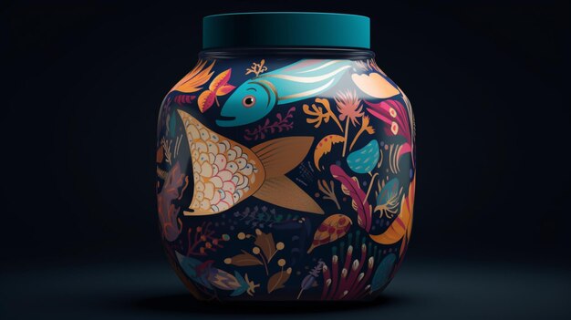 Jar with abstract fish geometry pottery illustration picture AI generated art
