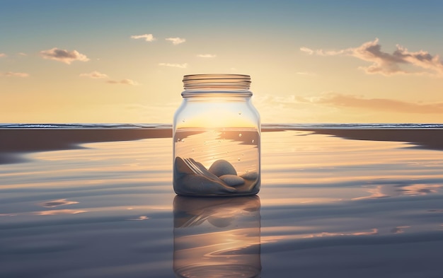 A jar with a ball in it sits on a beach at sunset.