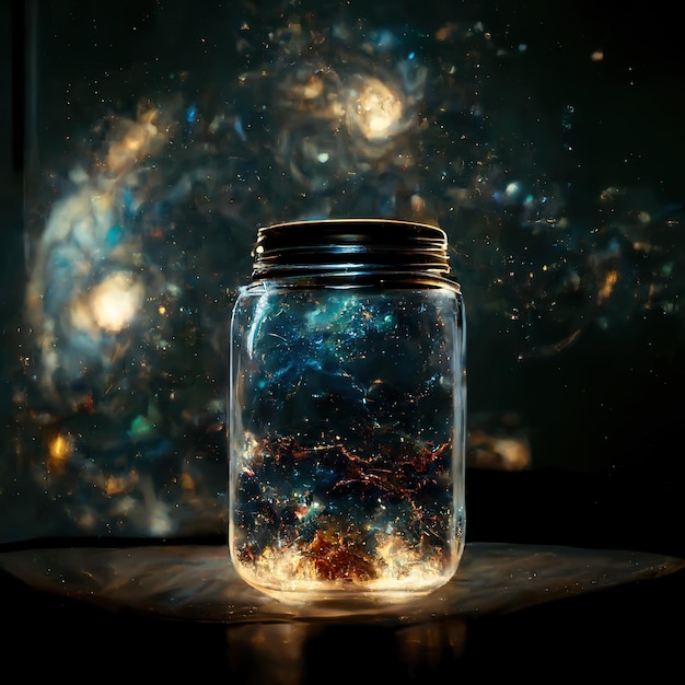 A jar with a blue and red galaxy in it