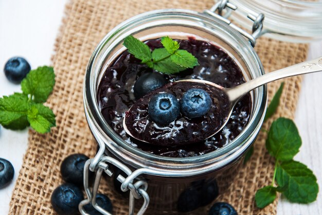 Jar with blueberry jam