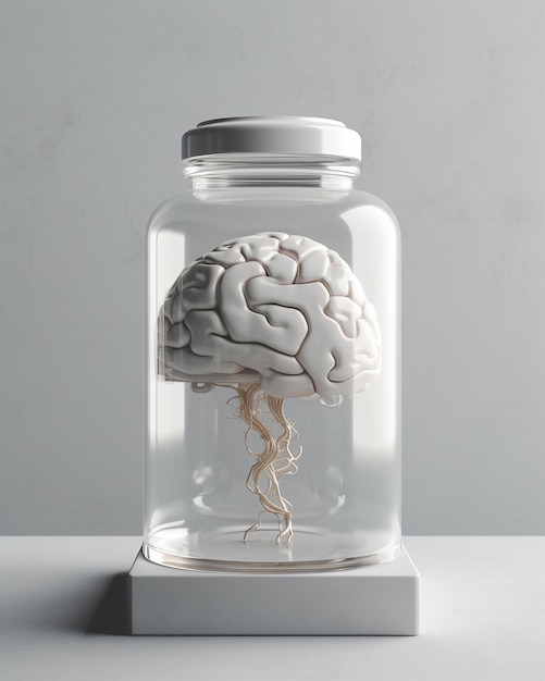 A jar with a brain in it that is labeled " the brain ".