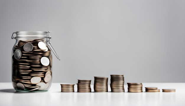 Photo a jar with a bunch of coins in it that says  coins  on it