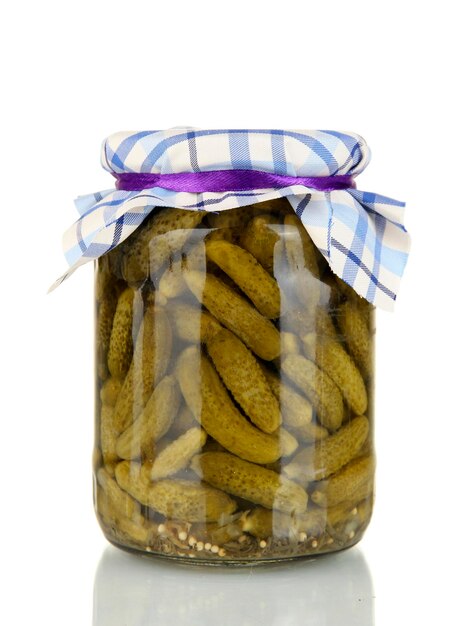 Jar with canned cucumbers isolated on white background