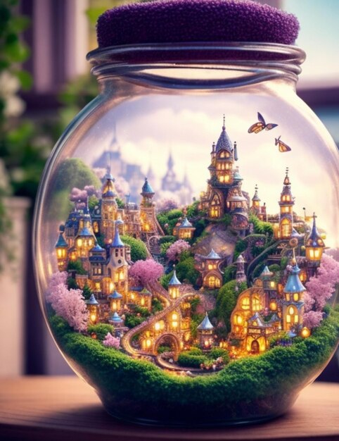 A jar with a castle on it that has a light on it.