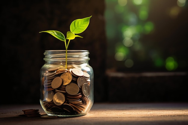 Photo a jar with coins and a plant growing inside