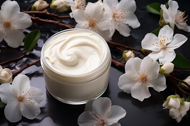 Jar with cream for face and white flowers