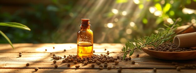 jar with cumin essential oil extract on a wooden background