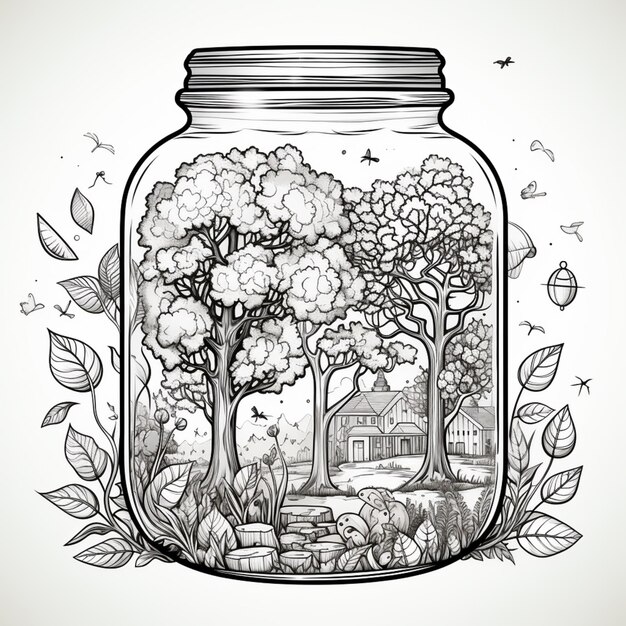 Photo a jar with a drawing of a house and trees inside generative ai