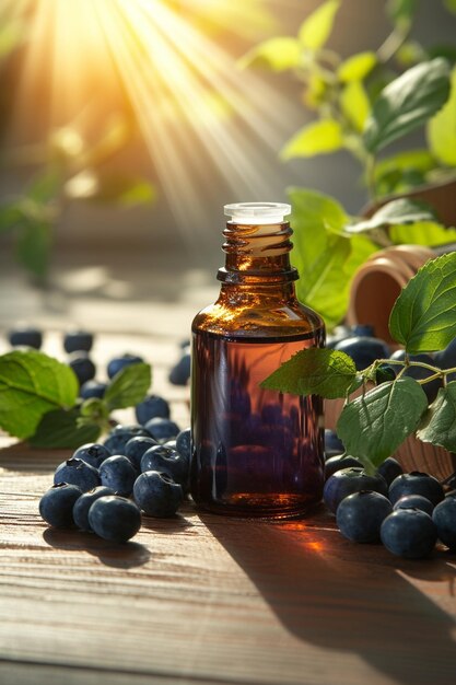 jar with essential oil extract of blueberry oil on a wooden background