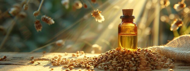 jar with essential oil extract of buckwheat oil on a wooden background