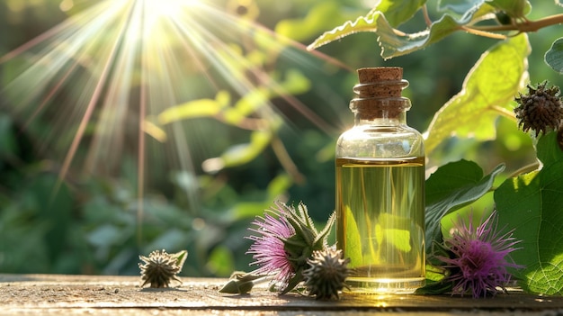 jar with essential oil extract of burdock oil on a wooden background