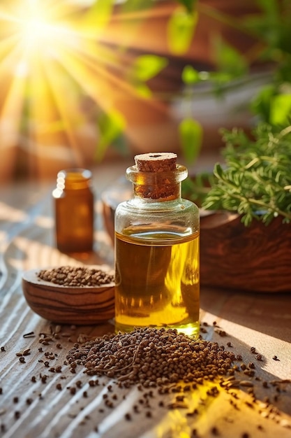 jar with essential oil extract of cumin oil on a wooden background