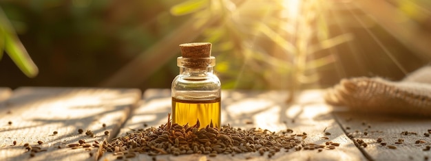 jar with essential oil extract of cumin oil on a wooden background