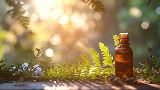 jar with essential oil extract of fern oil on a wooden background